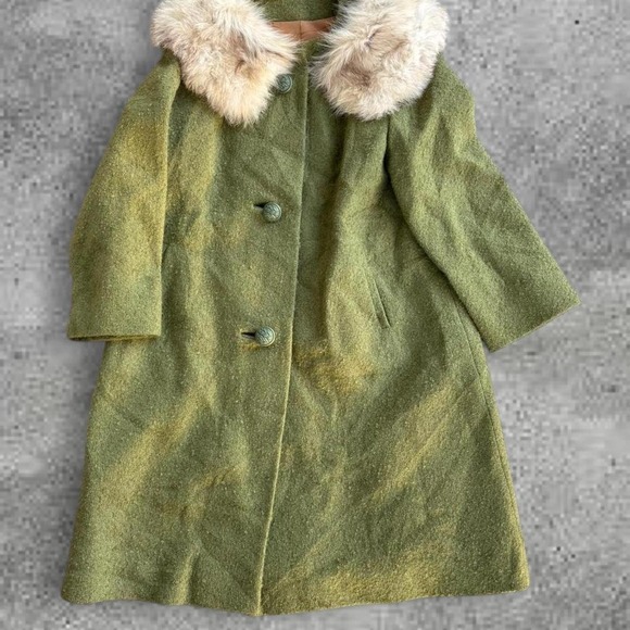 Jackets & Blazers - Vintage 60s Green Wool Coat Faux Fur Collar Mod Mid Century Button Front Jacket